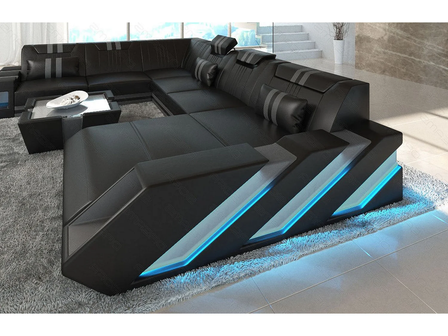 XXL Leder Wohnlandschaft Apollonia EM Schwarz Grau Rechts