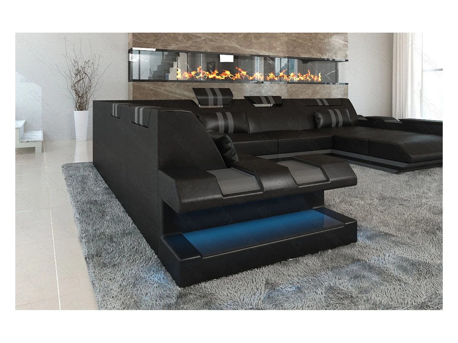 XXL Leder Wohnlandschaft Apollonia EM Schwarz Grau Rechts