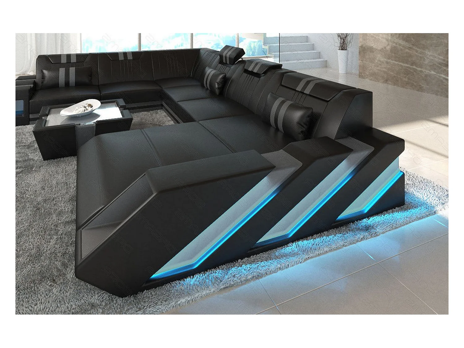 XXL Leder Wohnlandschaft Apollonia EM Schwarz Grau Rechts