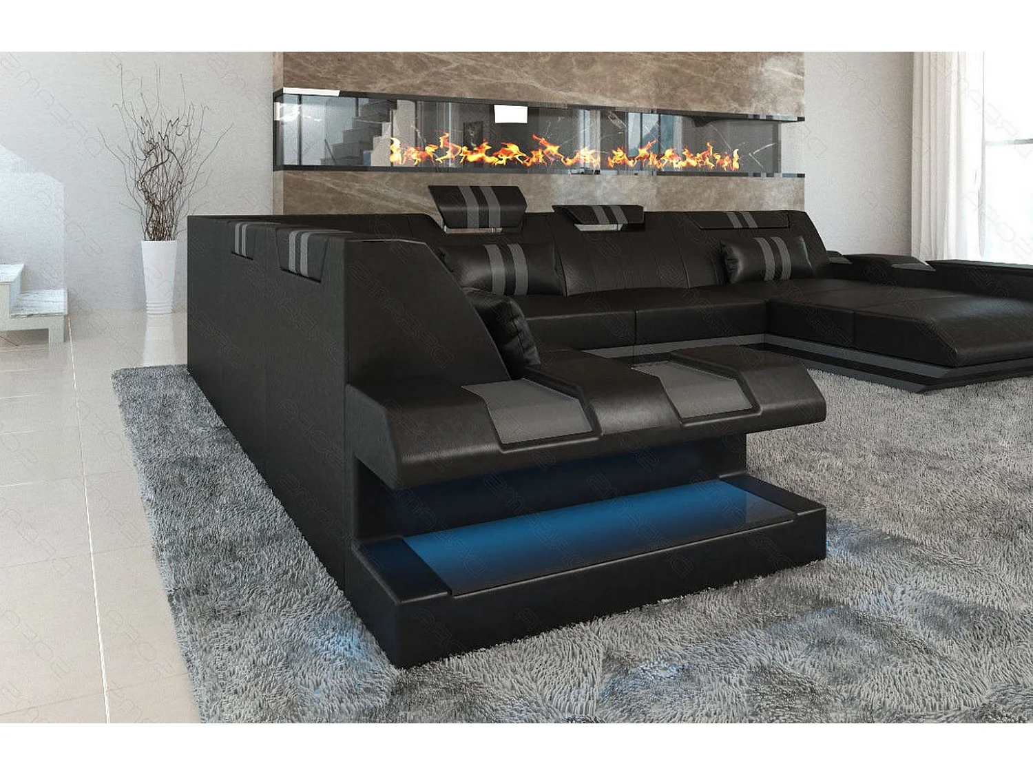 XXL Leder Wohnlandschaft Apollonia EM Schwarz Grau Rechts