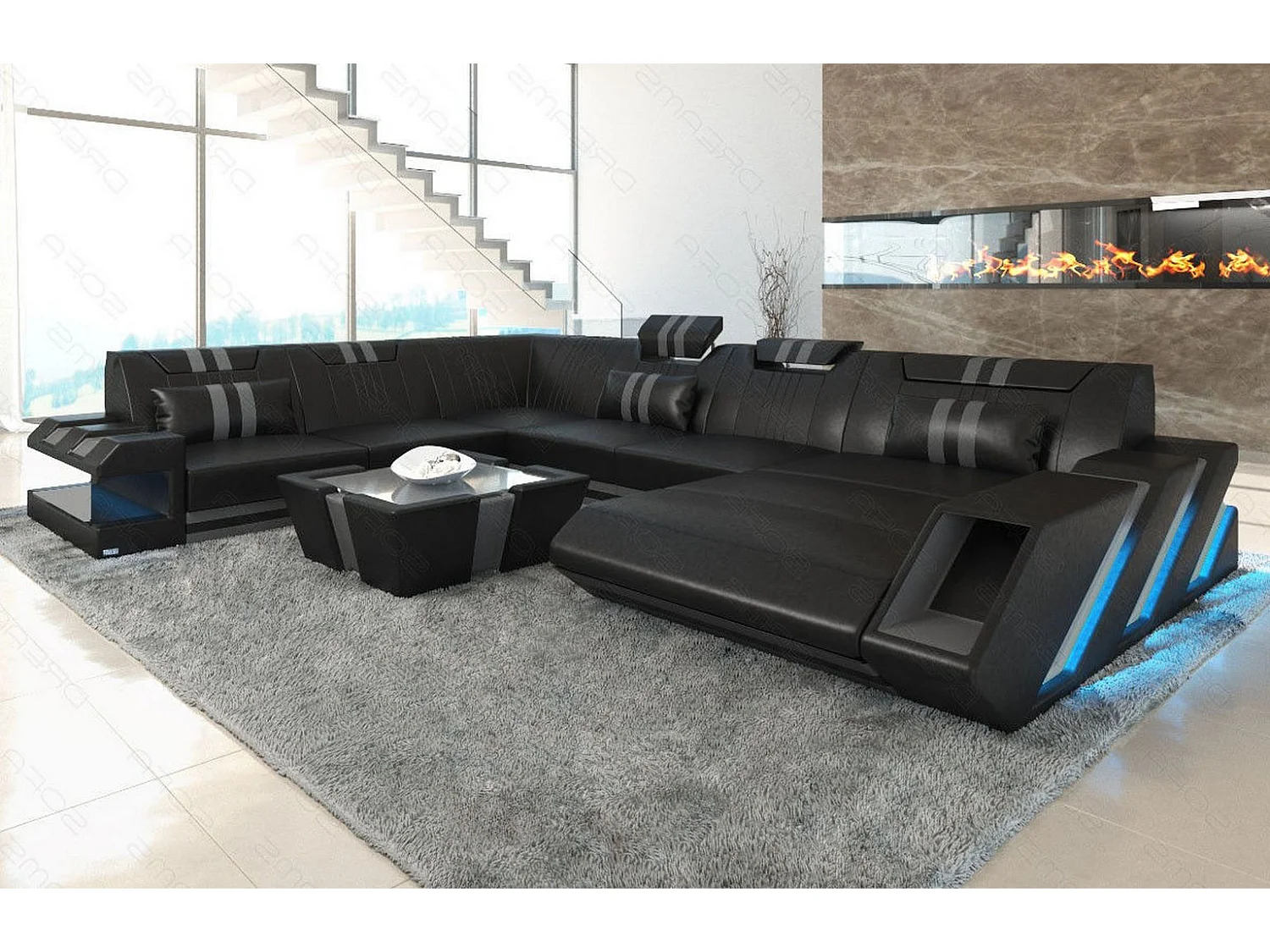 XXL Leder Wohnlandschaft Apollonia EM Schwarz Grau Rechts