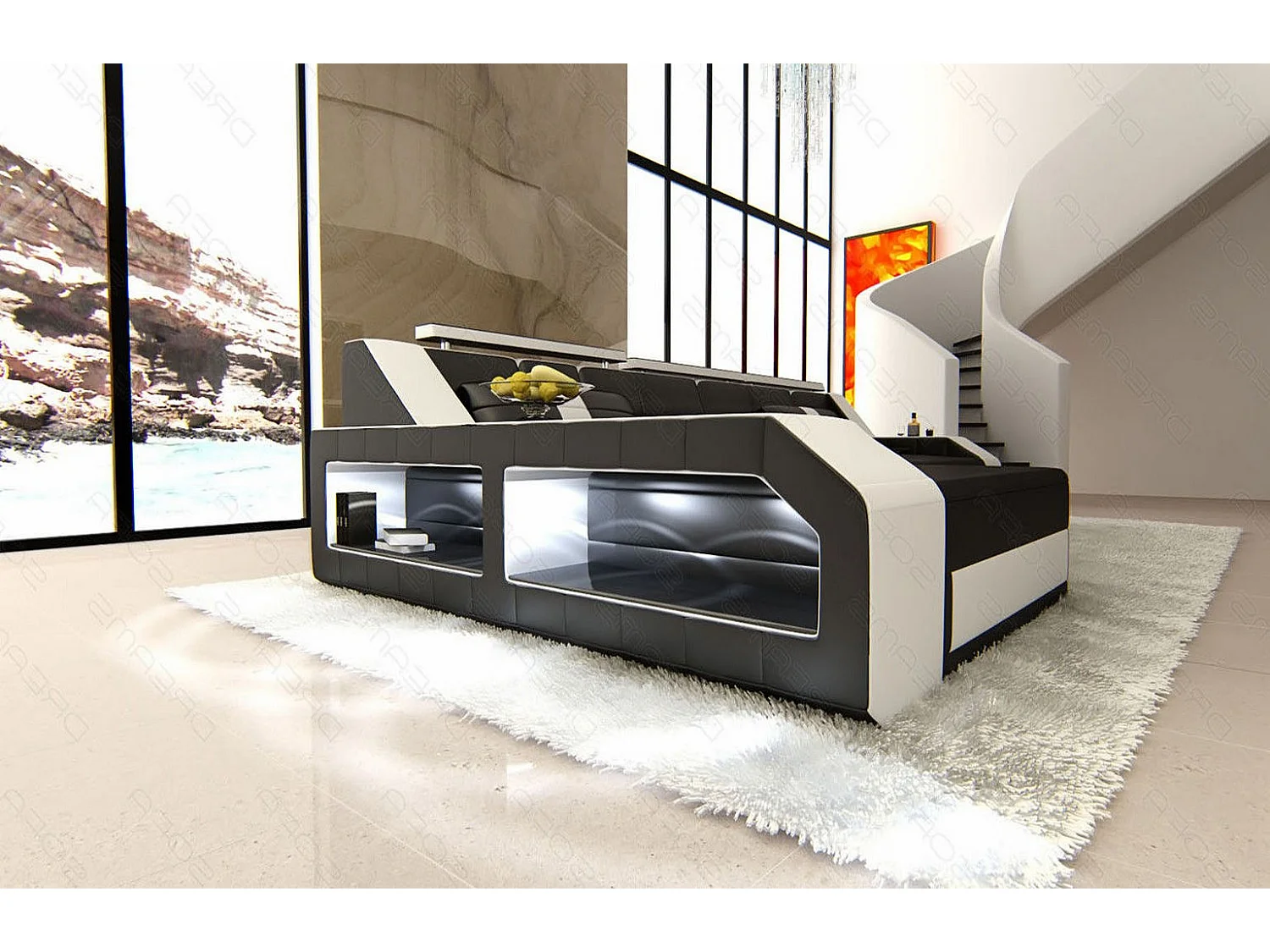 Ecksofa Arezzo Leder Ledermix Schwarz Weiß Links