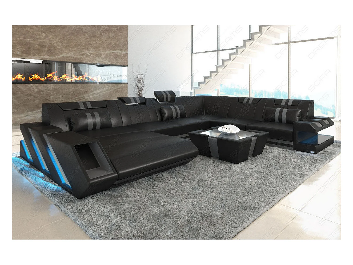 XXL Leder Wohnlandschaft Apollonia BL Schwarz Grau Links