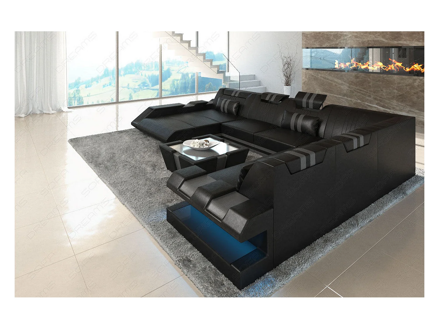 XXL Leder Wohnlandschaft Apollonia BL Schwarz Grau Links
