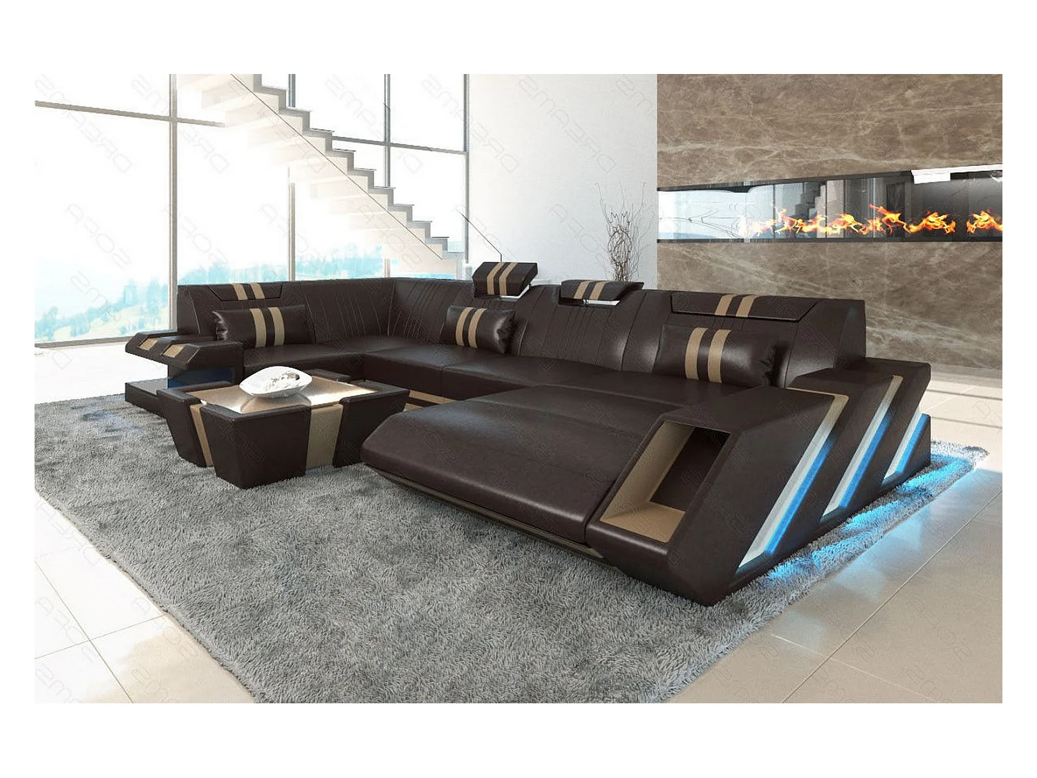 Ledersofa Apollonia U Form EM Dunkelbraun Sandbeige Rechts