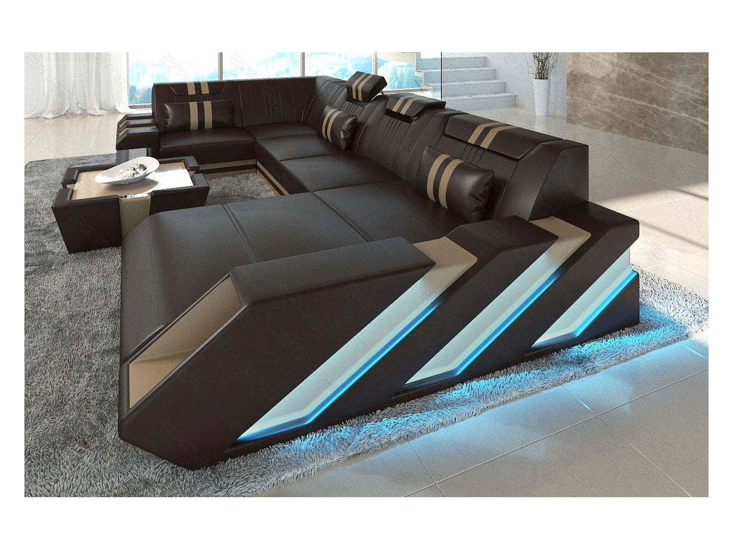 Ledersofa Apollonia U Form EM Dunkelbraun Sandbeige Rechts