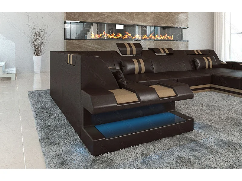 Ledersofa Apollonia U Form EM Dunkelbraun Sandbeige Rechts