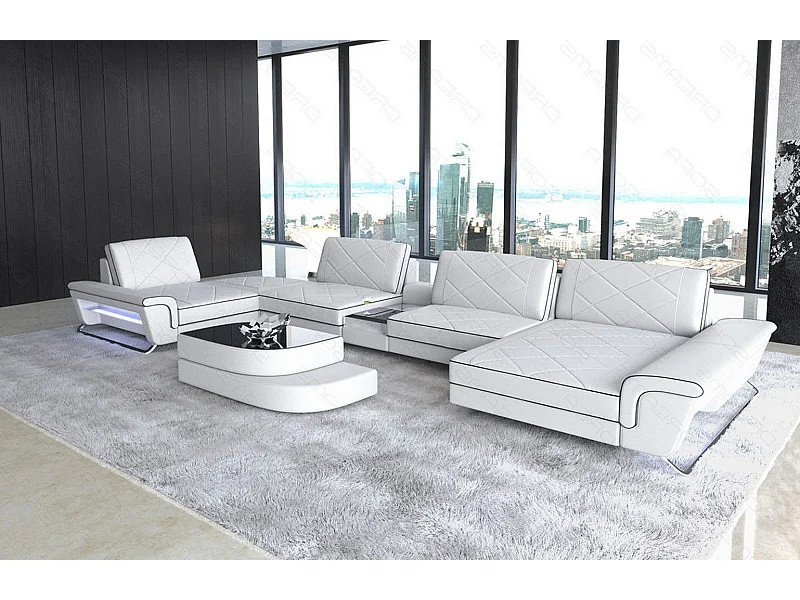 Sofa Bari U Leder Ledermix Weiß Schwarz Links
