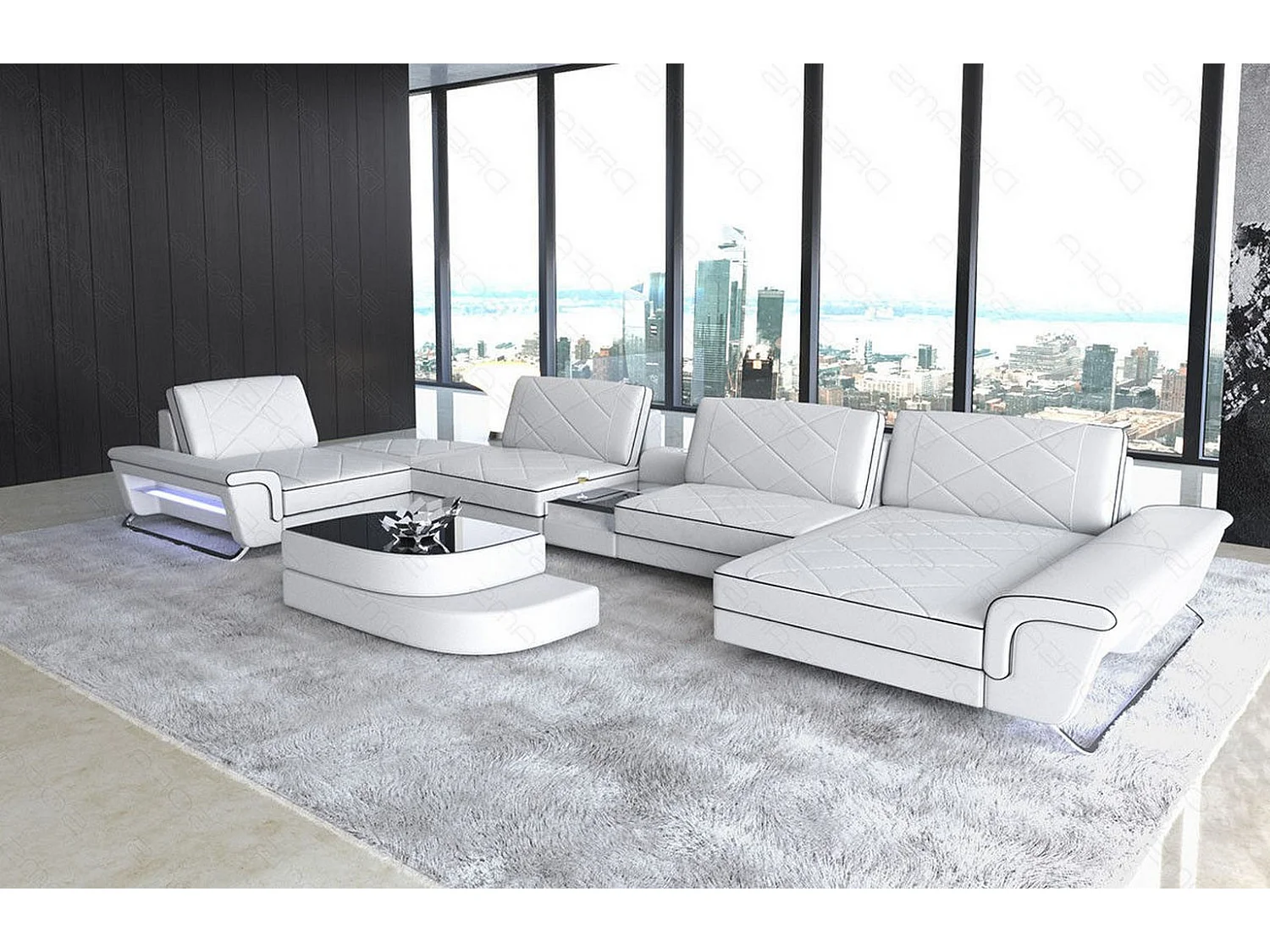 Sofa Bari U Leder Ledermix Weiß Schwarz Links