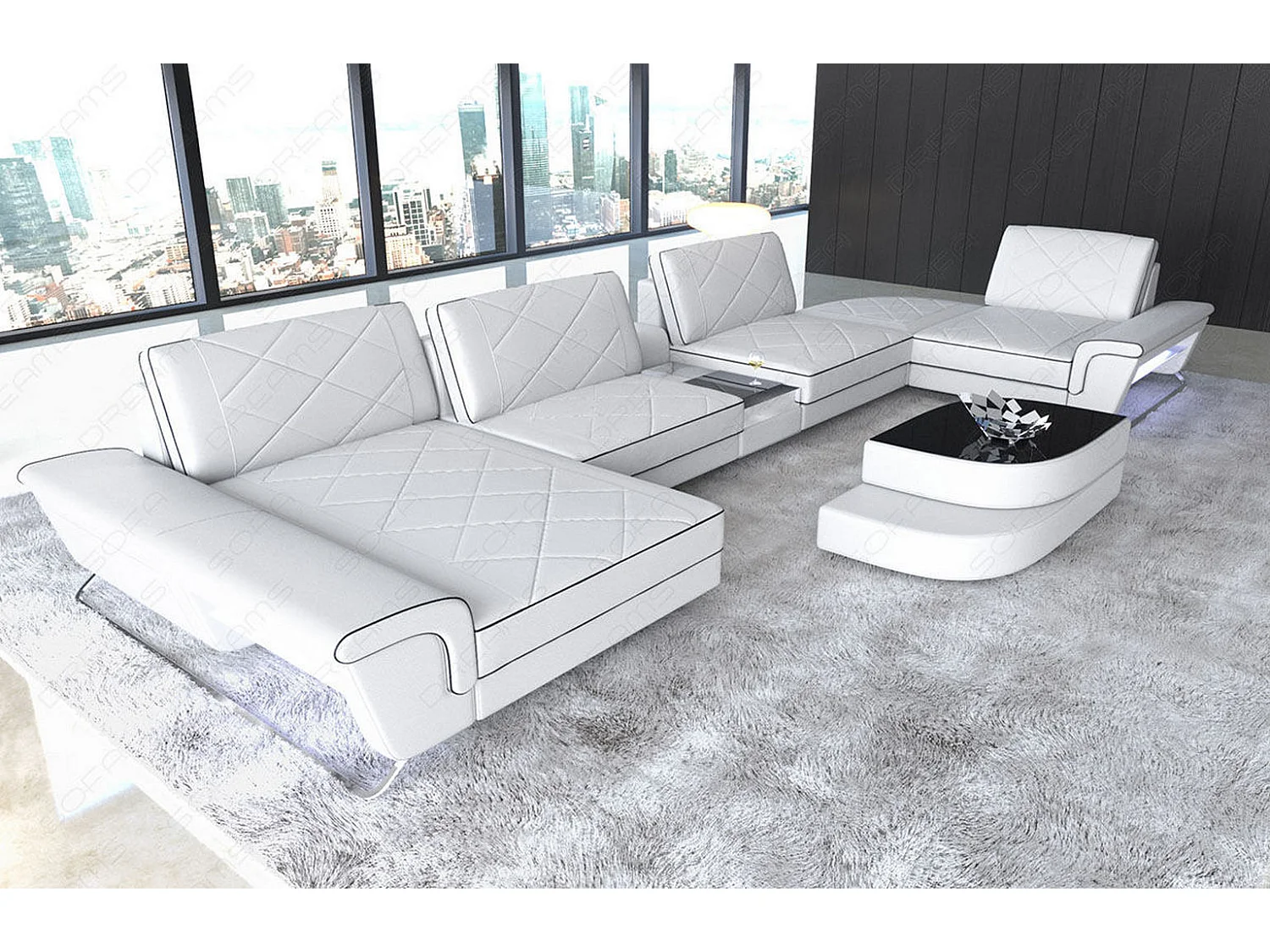 Sofa Bari U Leder Ledermix Weiß Schwarz Links