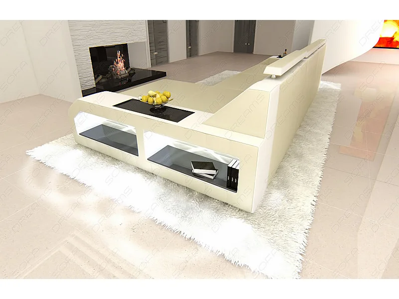 Ecksofa Arezzo Leder Kunstleder Beige Weiß Rechts