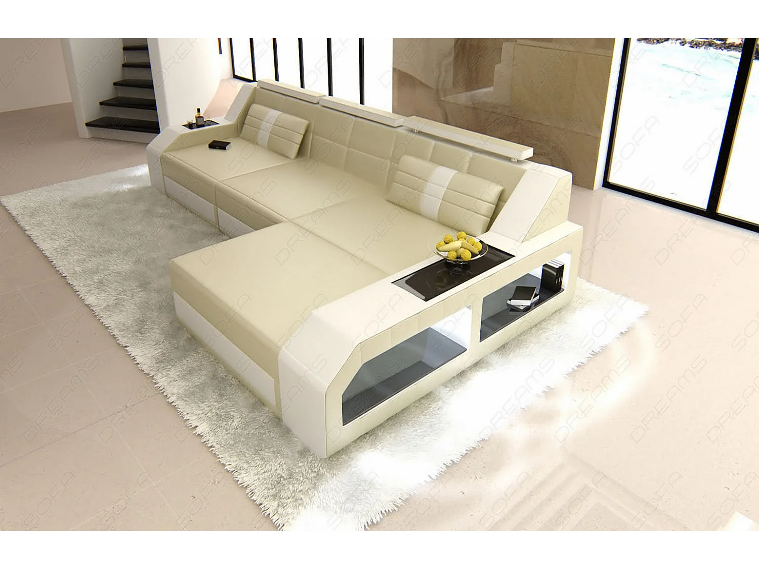 Ecksofa Arezzo Leder Kunstleder Beige Weiß Rechts