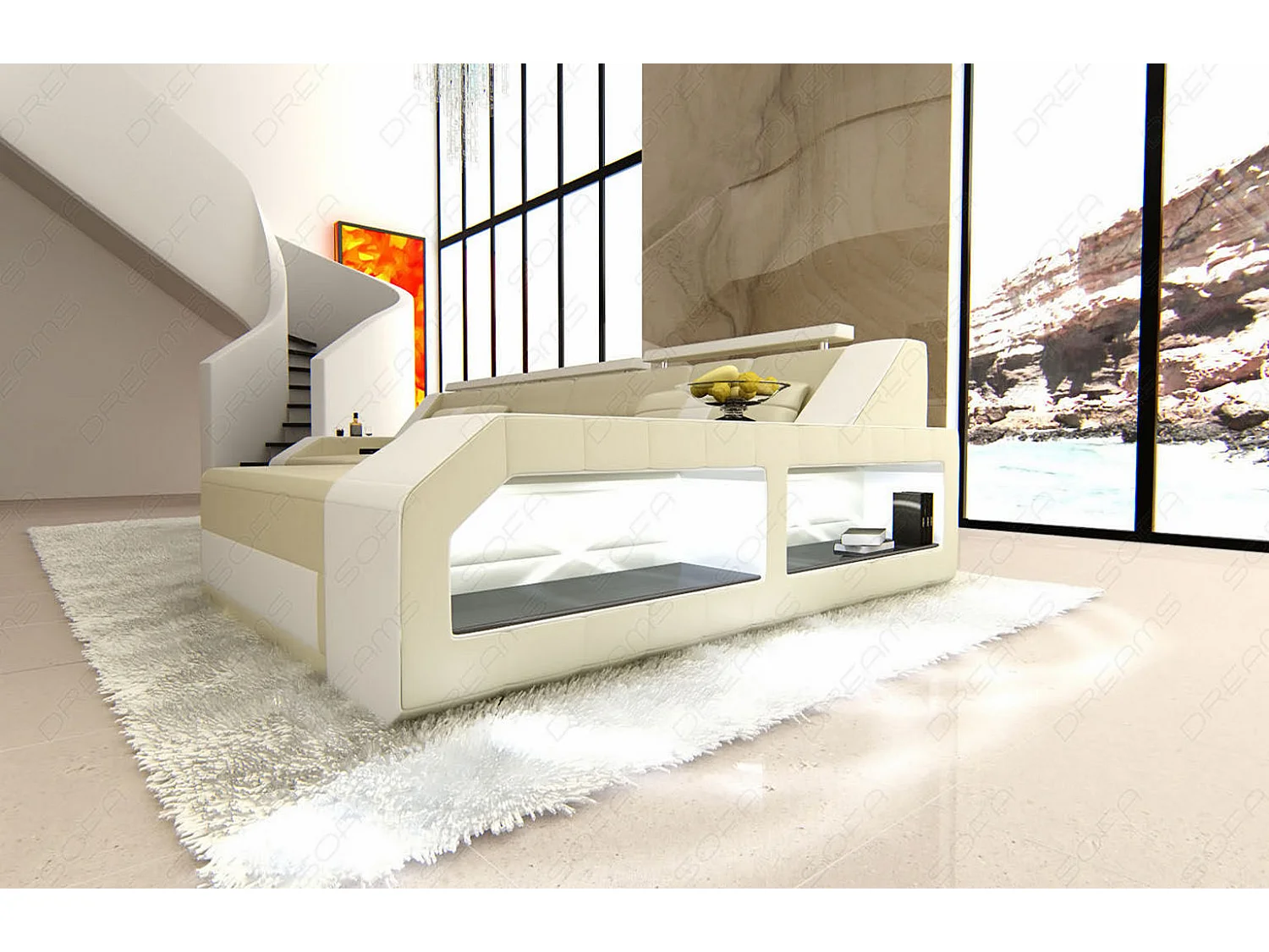 Ecksofa Arezzo Leder Kunstleder Beige Weiß Rechts