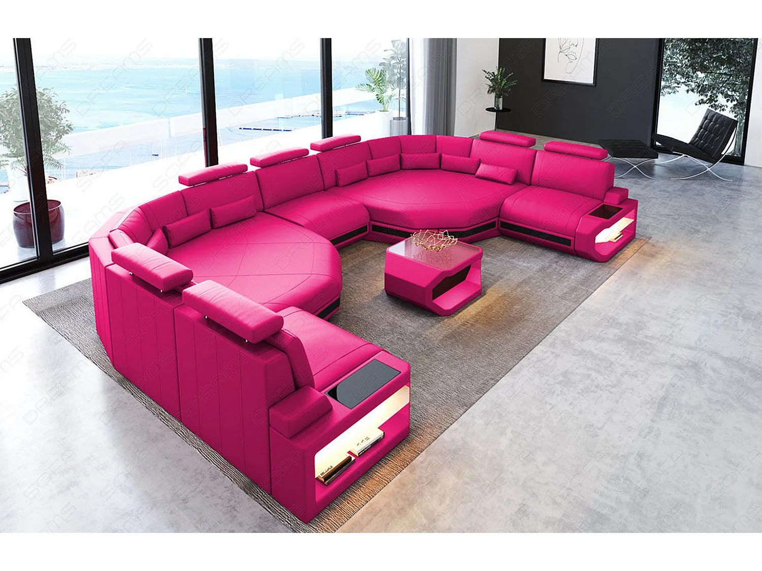 XXL Sofa Asti Leder Kunstleder Pink Schwarz