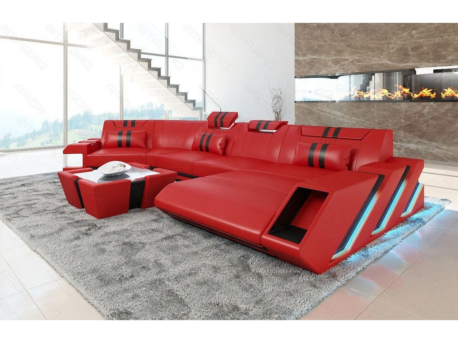 Ledersofa Apollonia C Form Ledermix Echt/Kunstleder Rot Schwarz Rechts