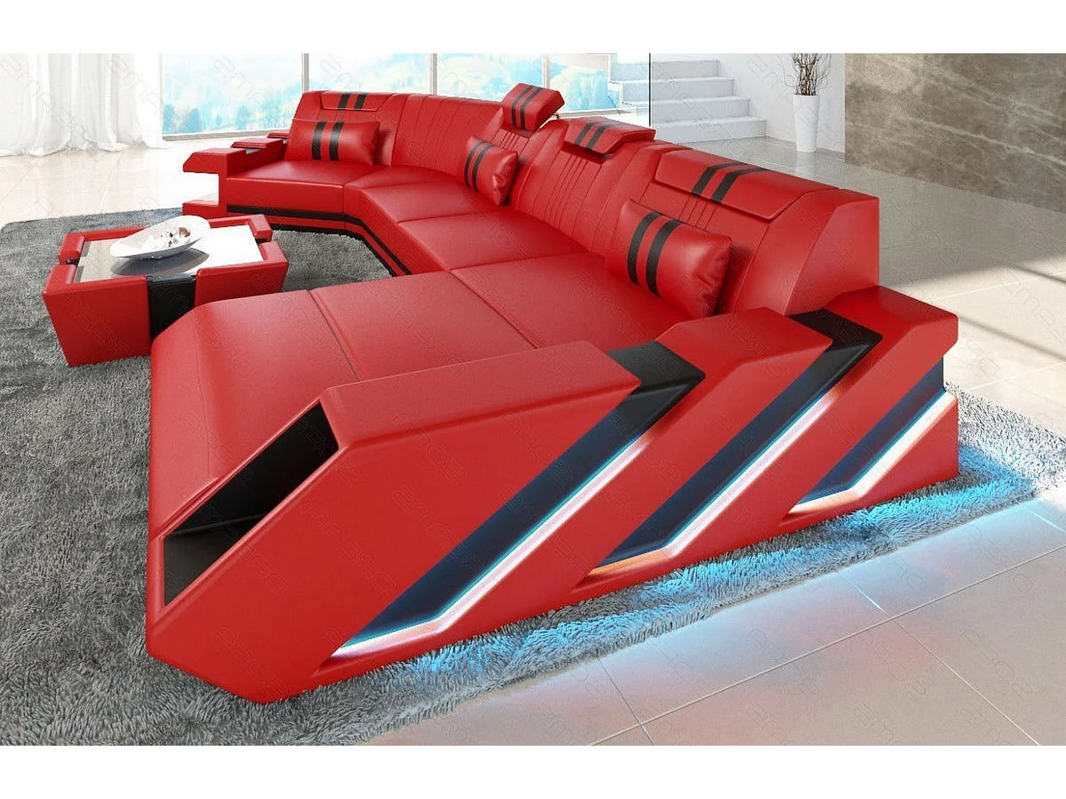 Ledersofa Apollonia C Form Ledermix Echt/Kunstleder Rot Schwarz Rechts