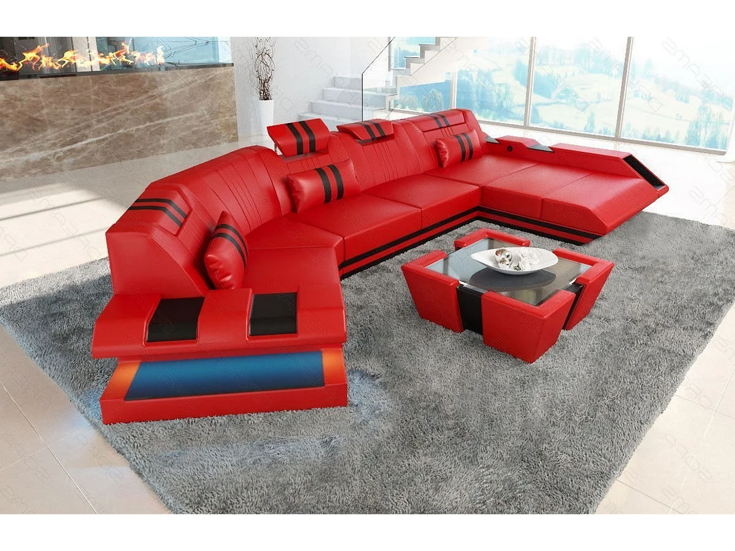 Ledersofa Apollonia C Form Ledermix Echt/Kunstleder Rot Schwarz Rechts