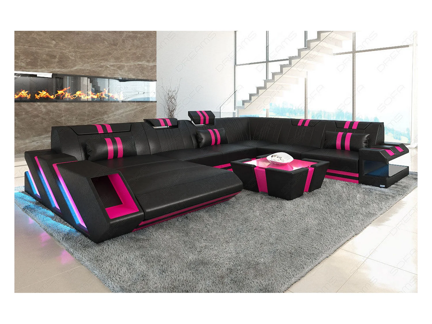 XXL Leder Wohnlandschaft Apollonia KP Schwarz Pink Links