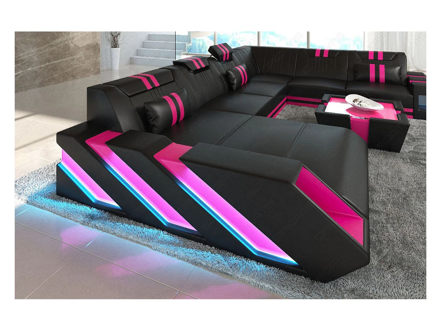 XXL Leder Wohnlandschaft Apollonia KP Schwarz Pink Links