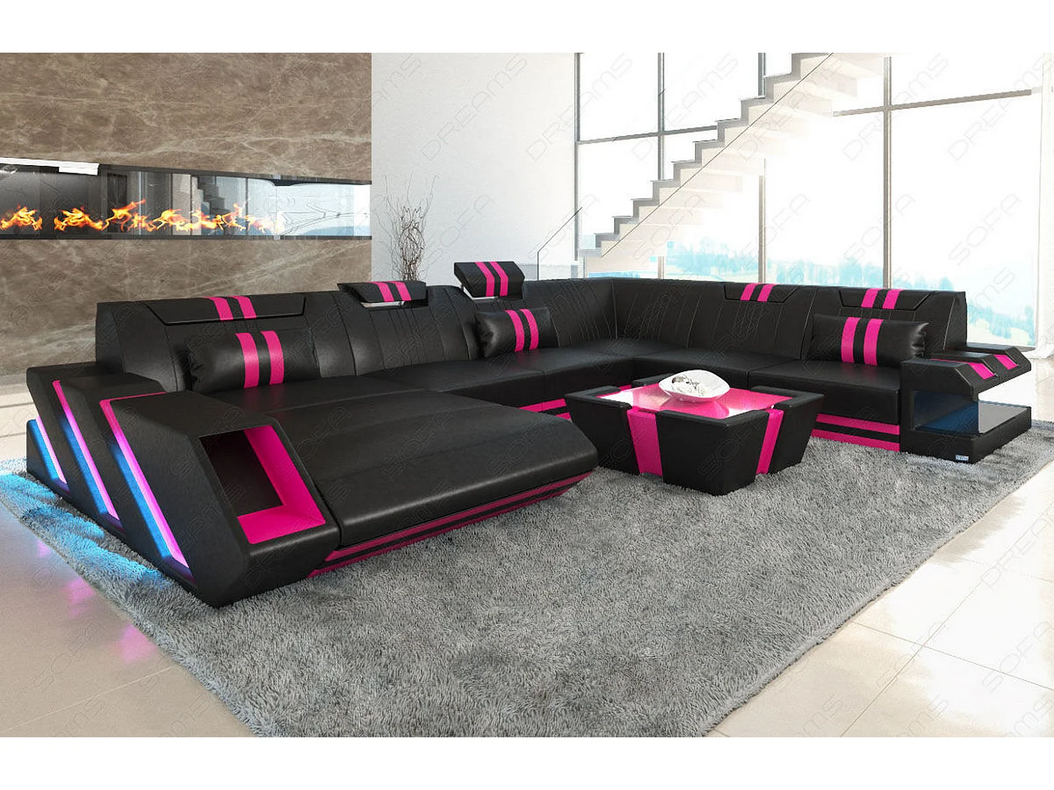 XXL Leder Wohnlandschaft Apollonia KP Schwarz Pink Links