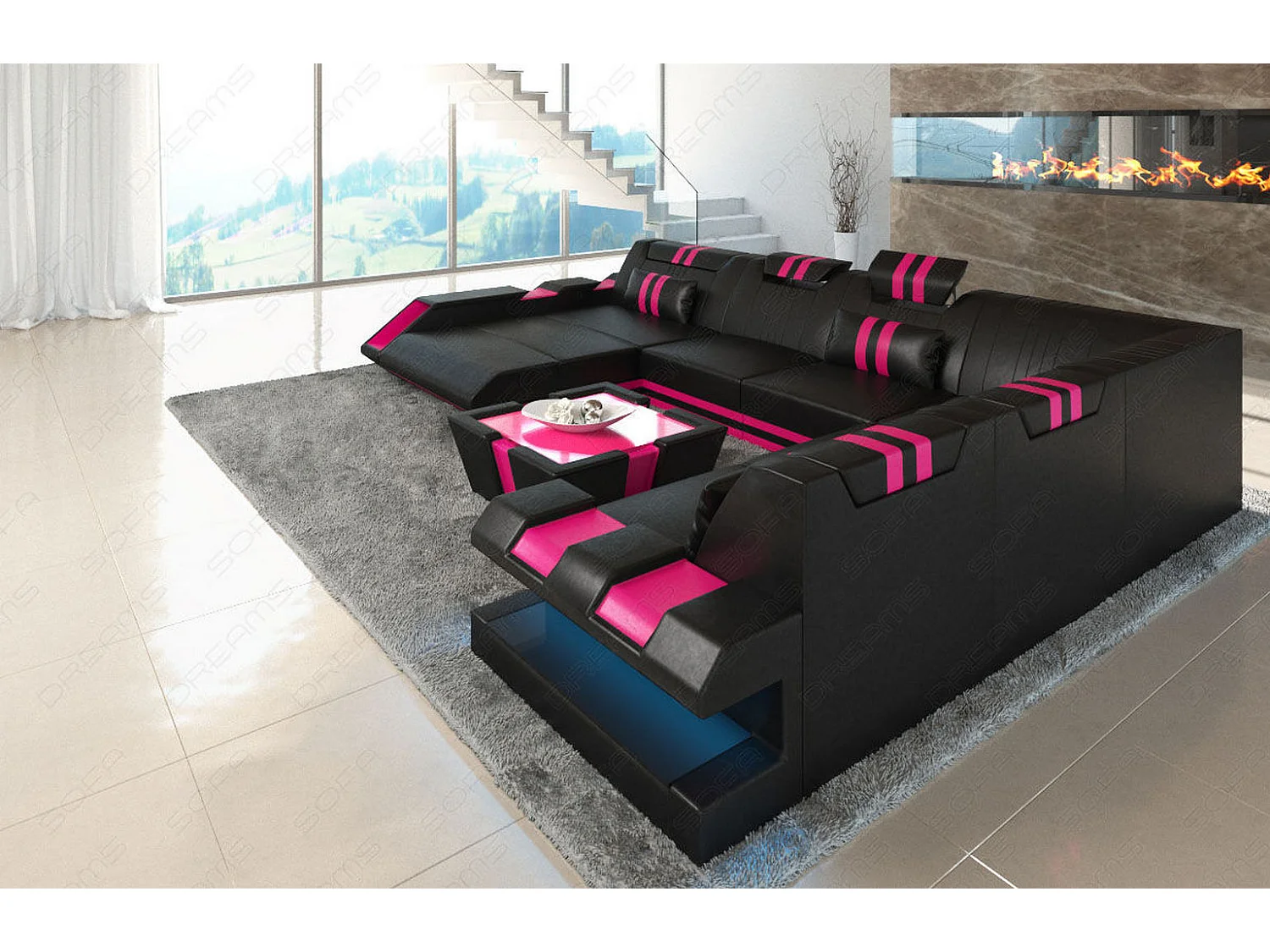 XXL Leder Wohnlandschaft Apollonia KP Schwarz Pink Links