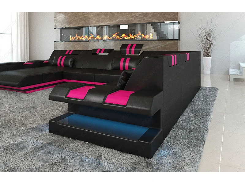 XXL Leder Wohnlandschaft Apollonia KP Schwarz Pink Links