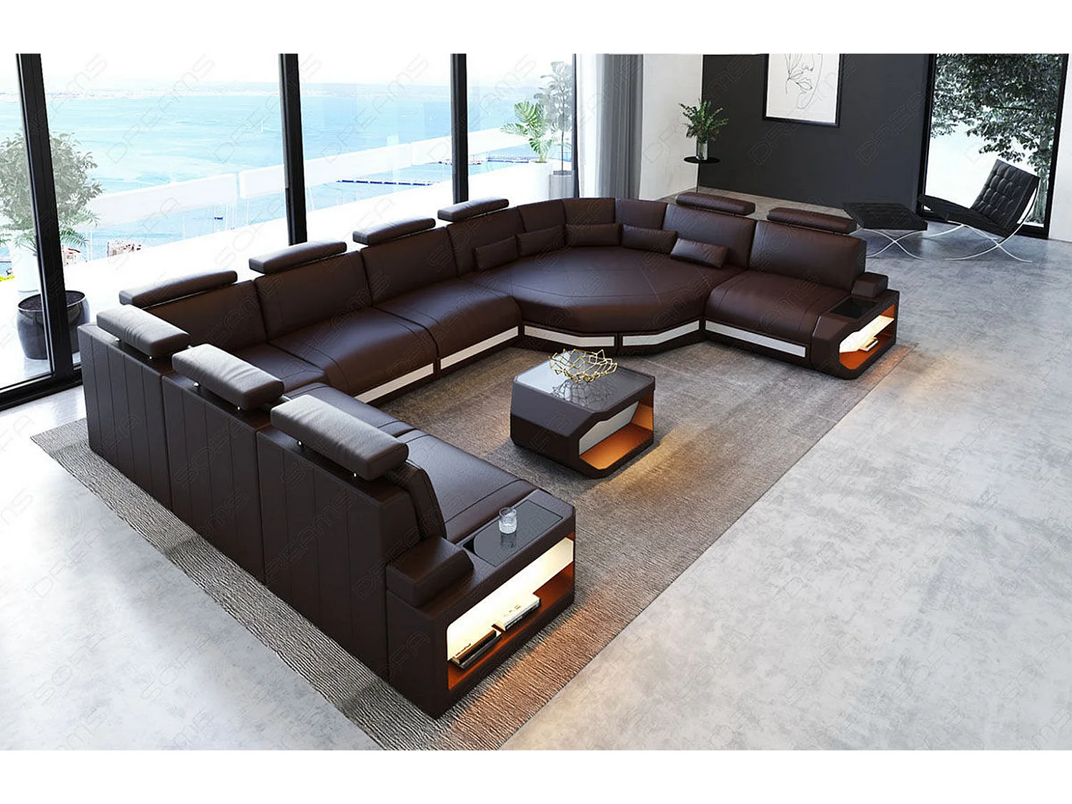 Sofa Asti U Leder Kunstleder Braun Weiß Links