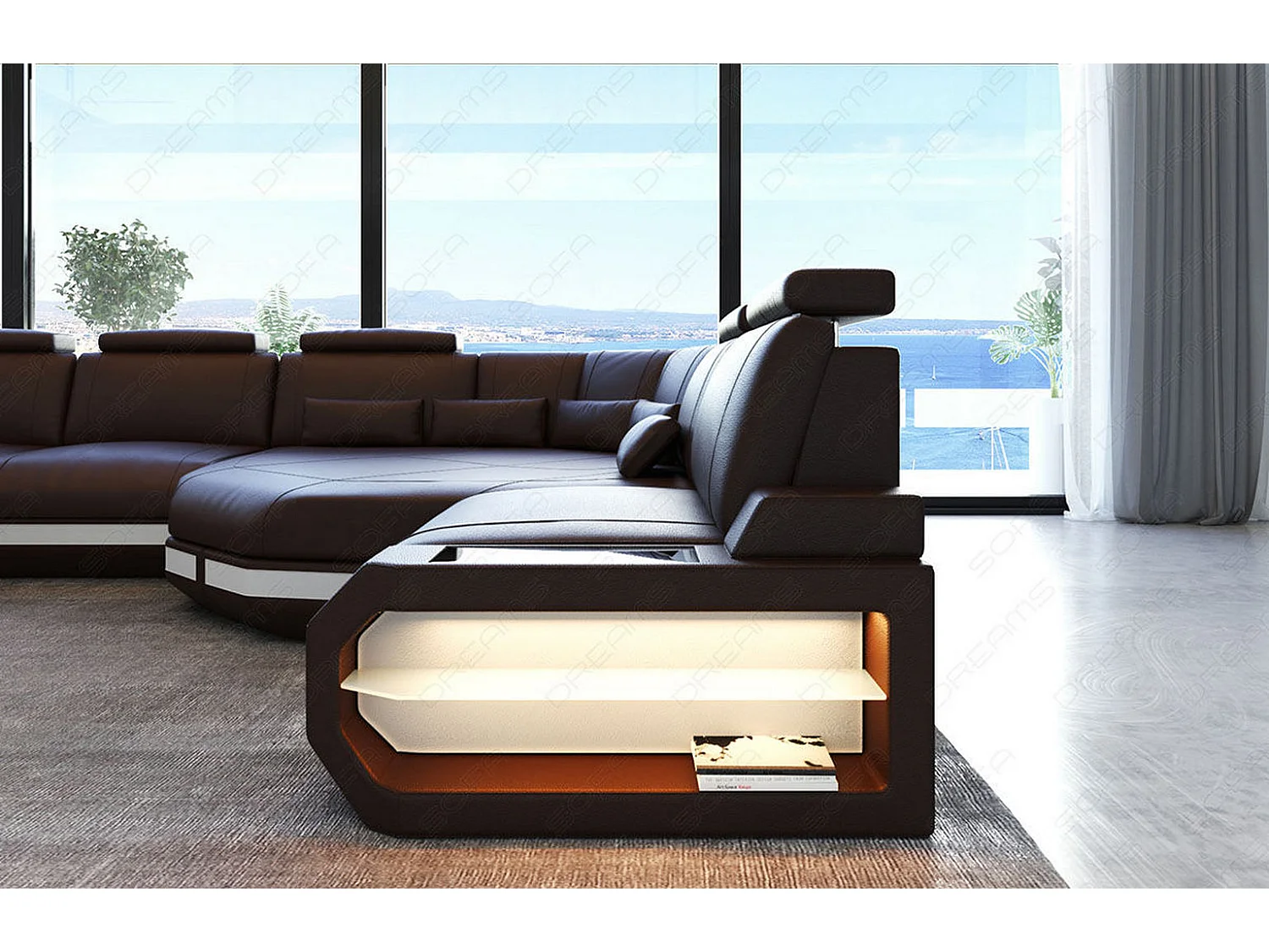 Sofa Asti U Leder Kunstleder Braun Weiß Links