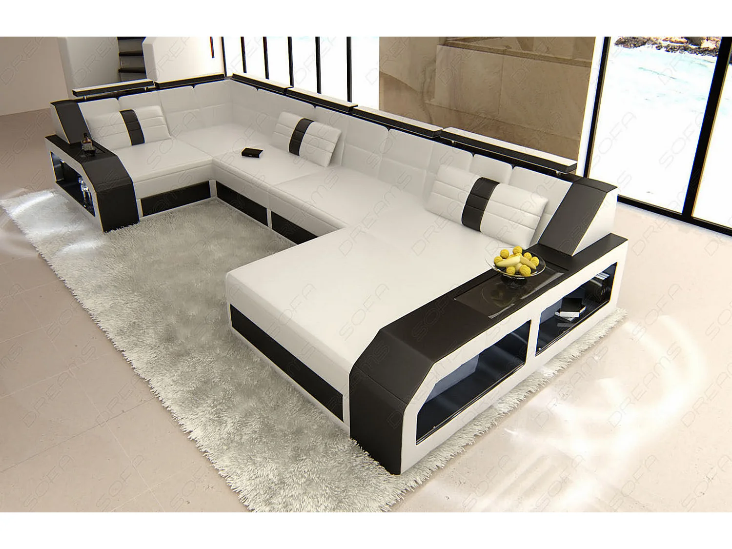 Sofa Arezzo U Leder Kunstleder Weiß Schwarz Rechts