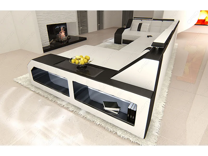 Sofa Arezzo U Leder Kunstleder Weiß Schwarz Rechts