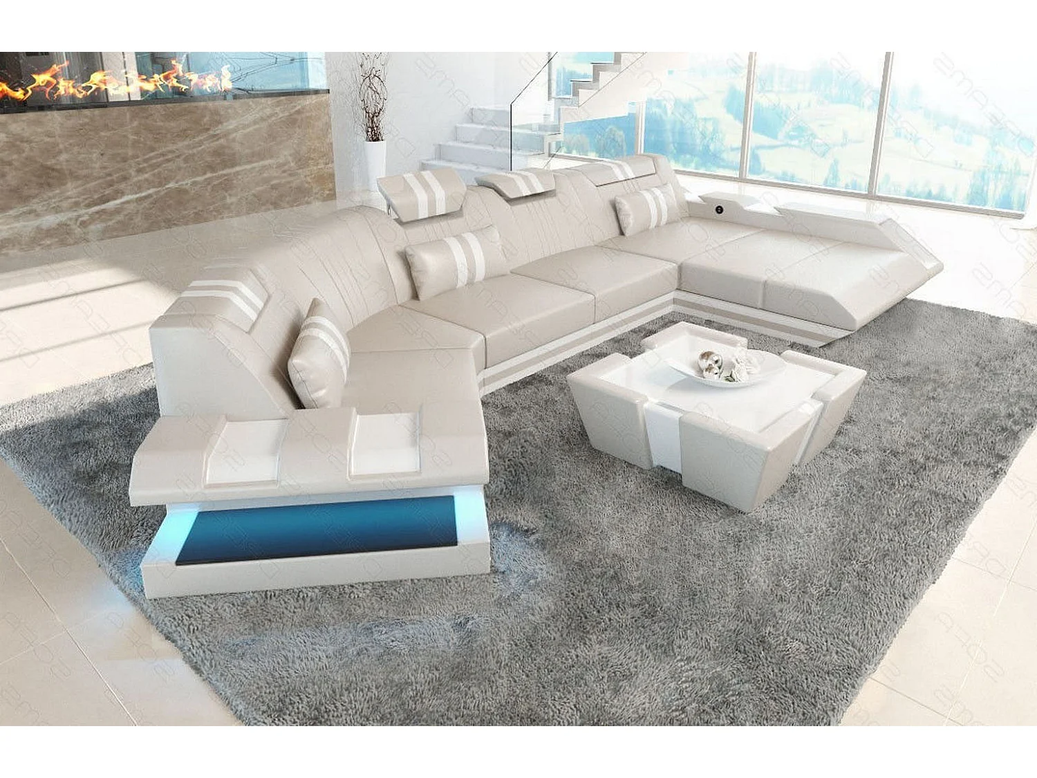 Ledersofa Apollonia C Form Premium Kunstleder Beige Weiß Rechts
