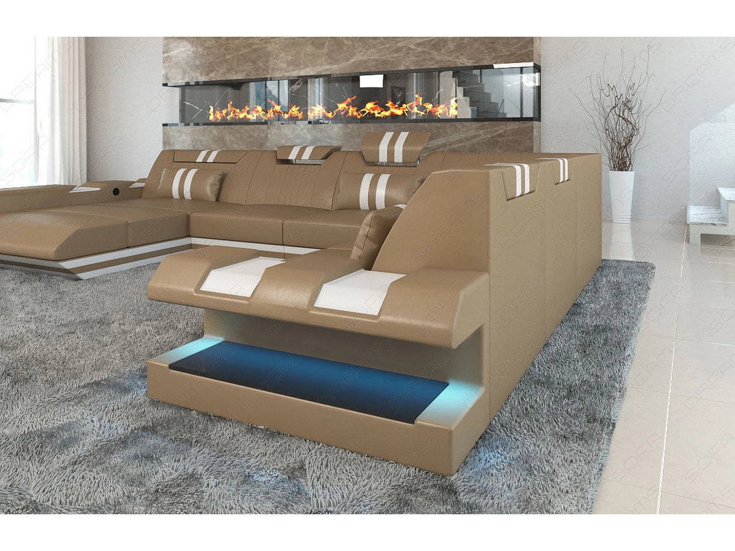 XXL Leder Wohnlandschaft Apollonia KP Sandbeige Weiß Links