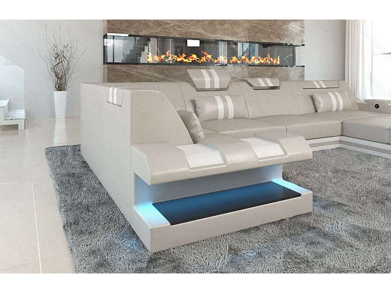 Ledersofa Apollonia U Form KP Beige Weiß Rechts