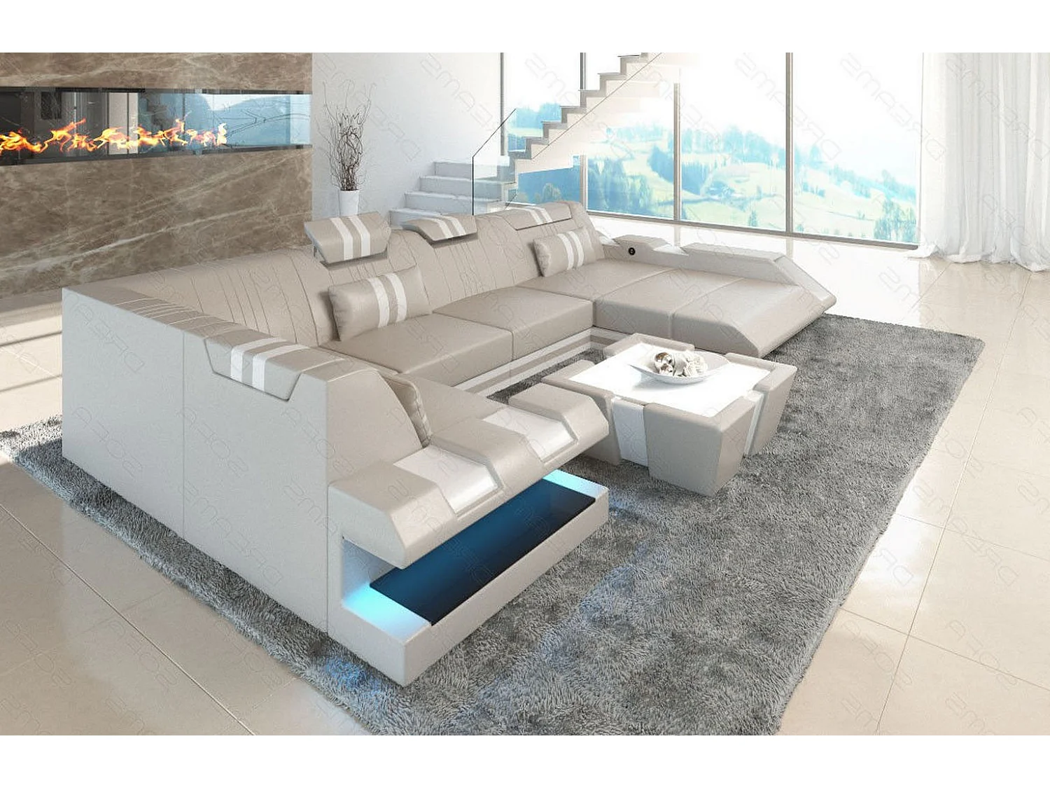 Ledersofa Apollonia U Form KP Beige Weiß Rechts