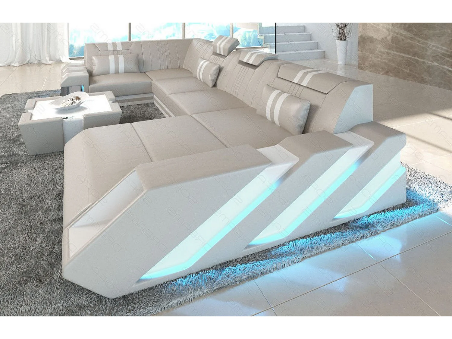 Ledersofa Apollonia U Form KP Beige Weiß Rechts