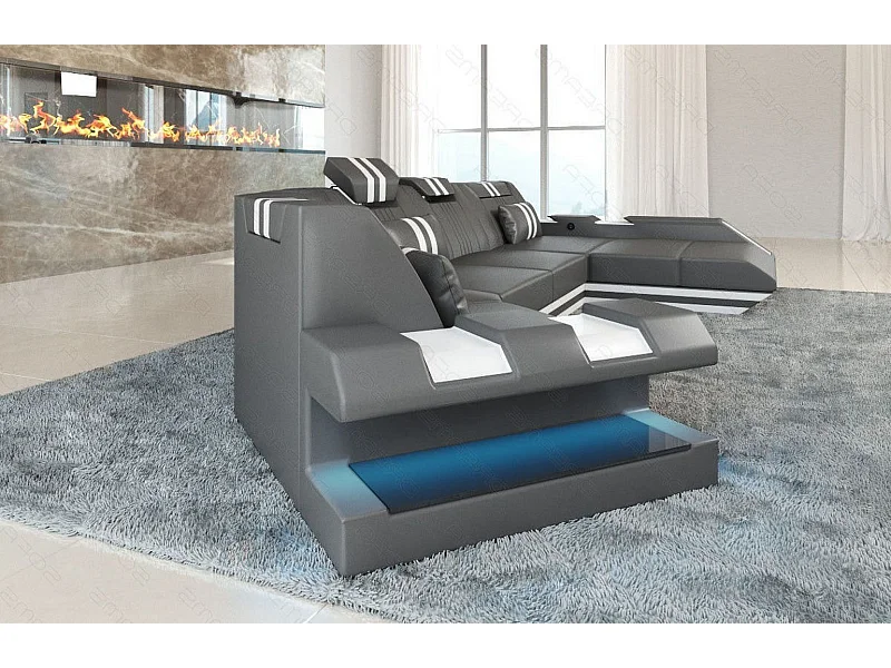 Ledersofa Apollonia C Form Ledermix Echt/Kunstleder Grau Weiß Rechts