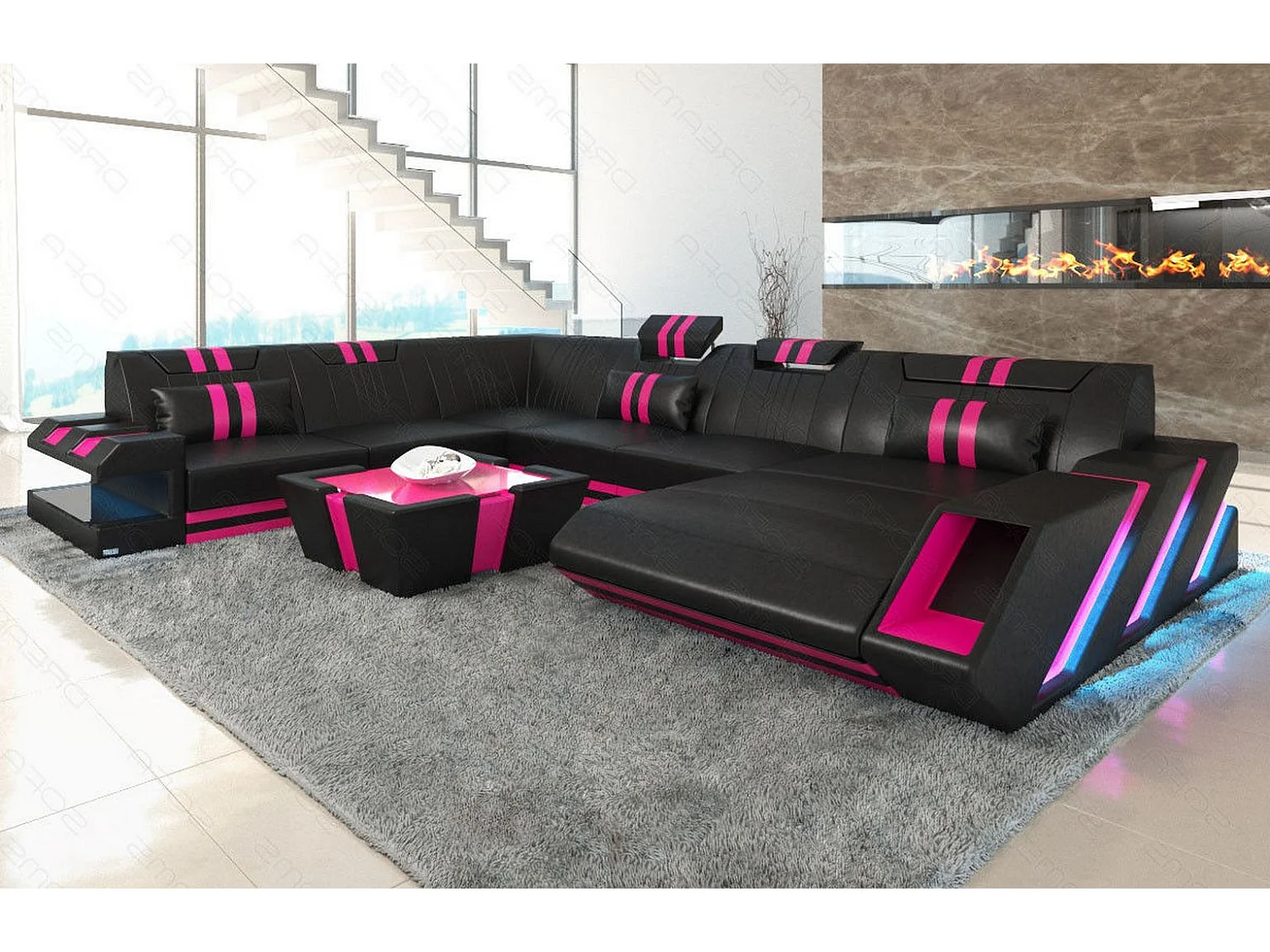 XXL Leder Wohnlandschaft Apollonia BL Schwarz Pink Rechts