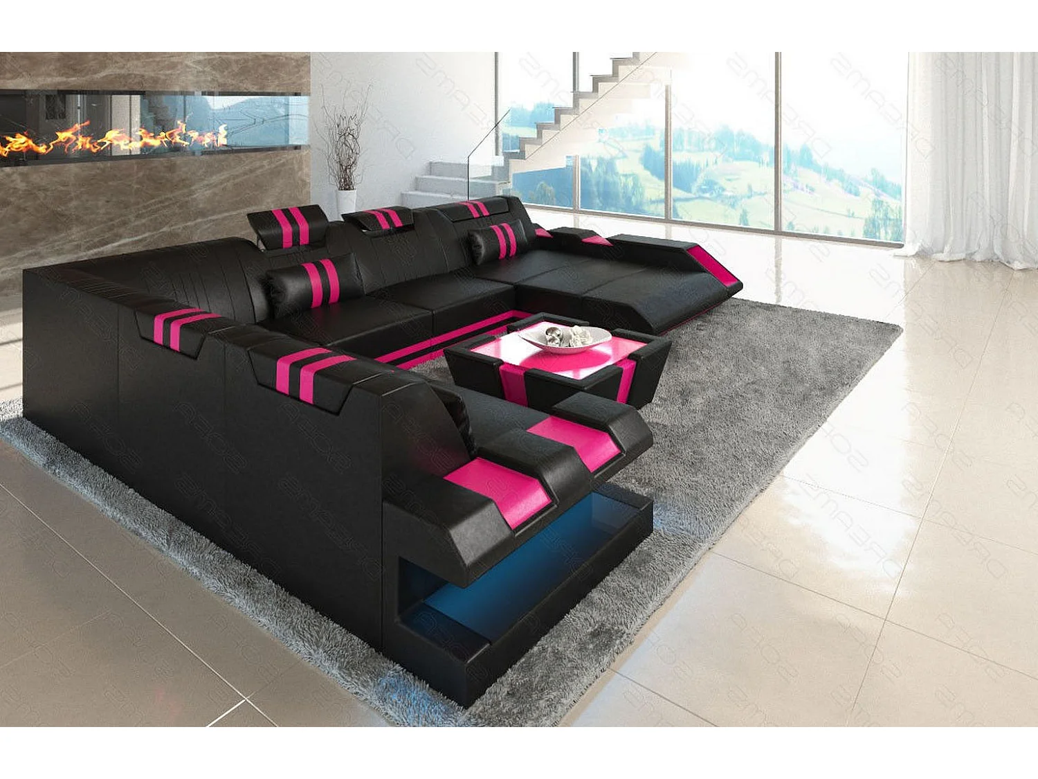 XXL Leder Wohnlandschaft Apollonia BL Schwarz Pink Rechts