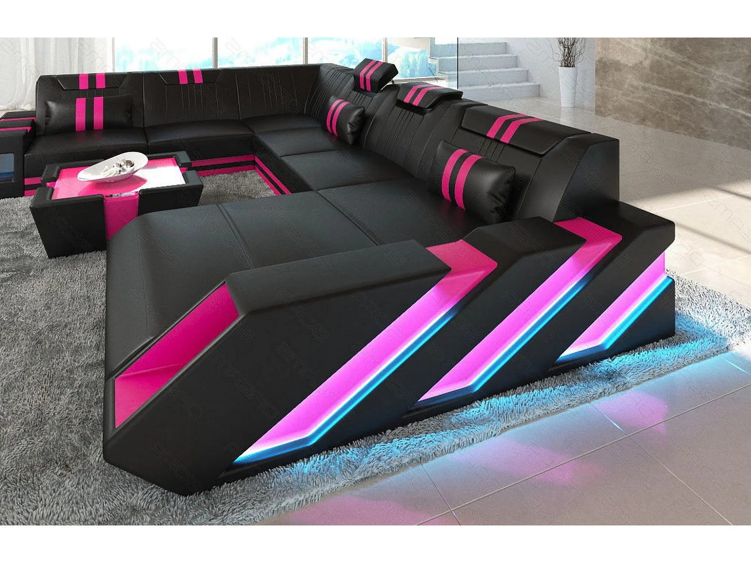 XXL Leder Wohnlandschaft Apollonia BL Schwarz Pink Rechts