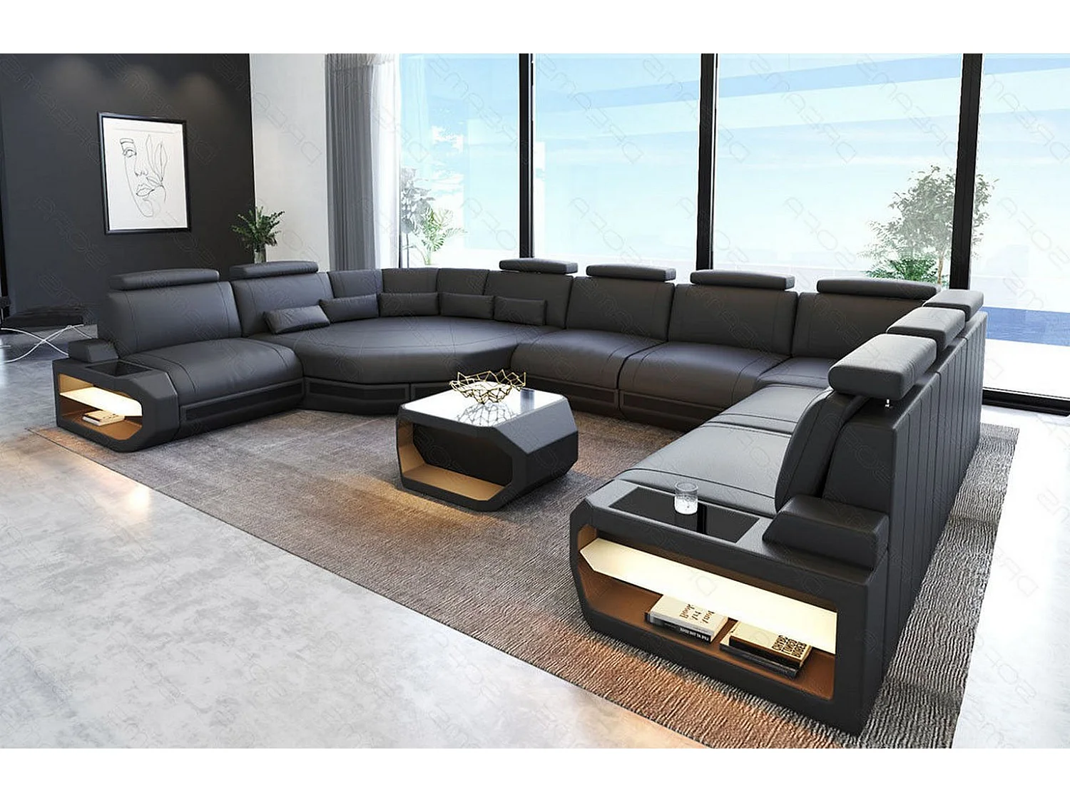 Sofa Asti U Leder Echtleder Grau Schwarz Rechts