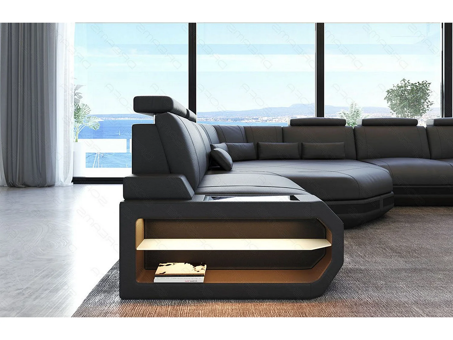 Sofa Asti U Leder Echtleder Grau Schwarz Rechts