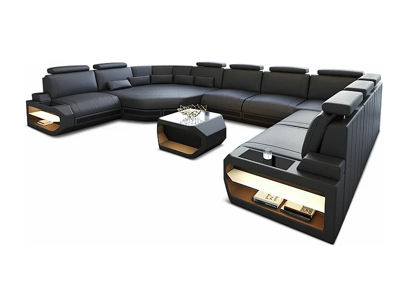 Sofa Asti U Leder Echtleder Grau Schwarz Rechts