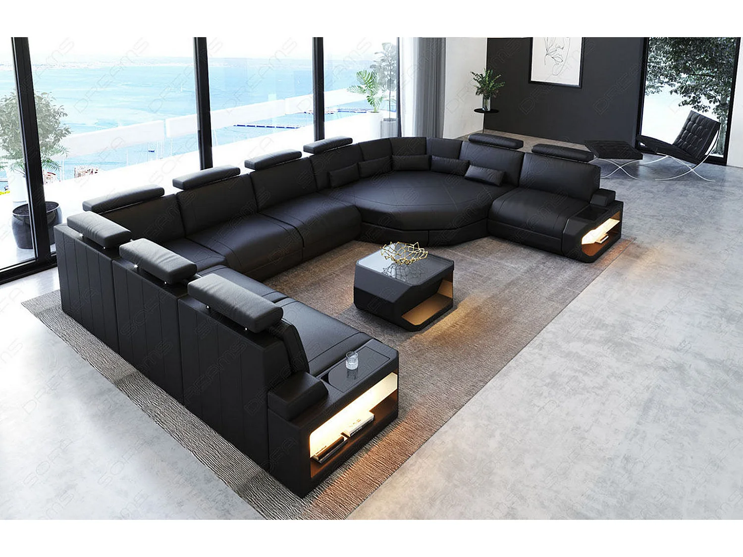 Sofa Asti U Leder Echtleder Schwarz Links