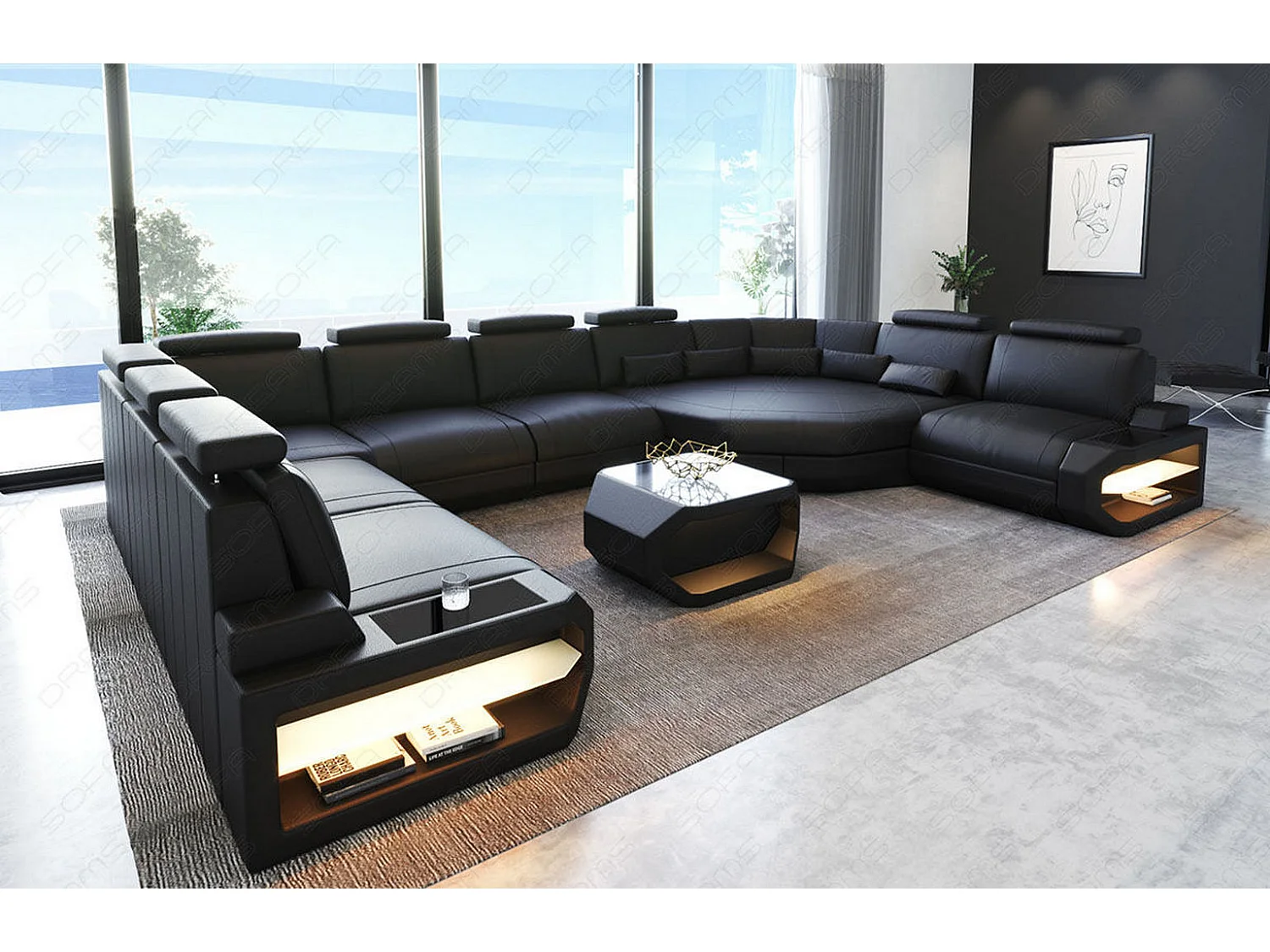 Sofa Asti U Leder Echtleder Schwarz Links