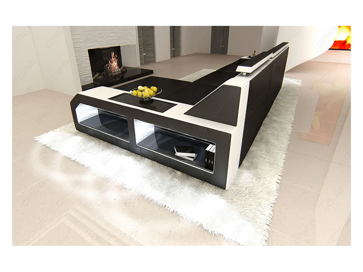 Ecksofa Arezzo Leder Ledermix Schwarz Weiß Rechts