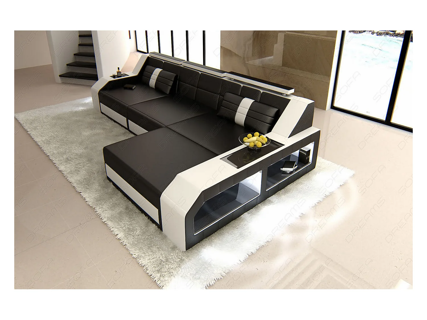 Ecksofa Arezzo Leder Ledermix Schwarz Weiß Rechts