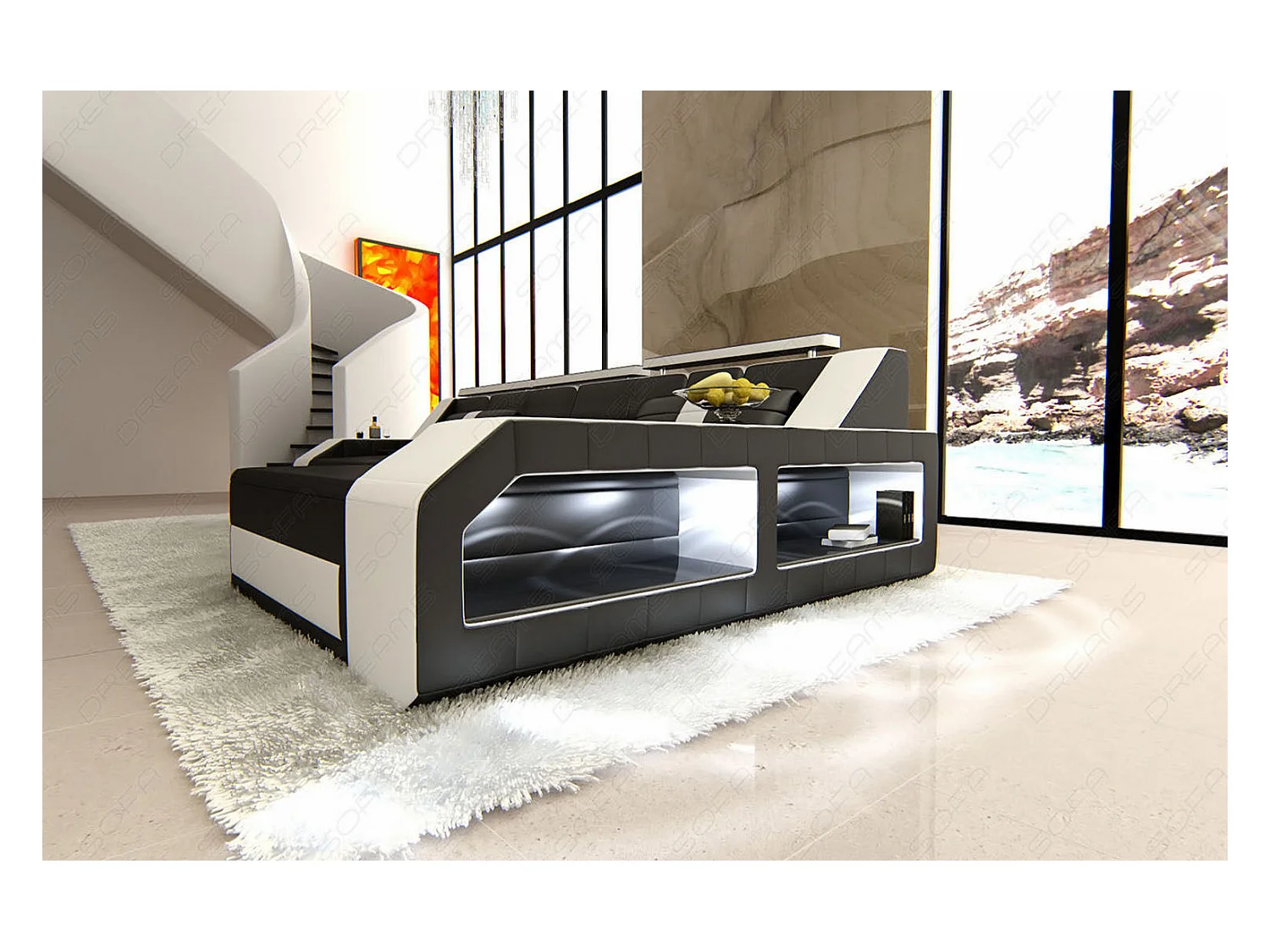 Ecksofa Arezzo Leder Ledermix Schwarz Weiß Rechts