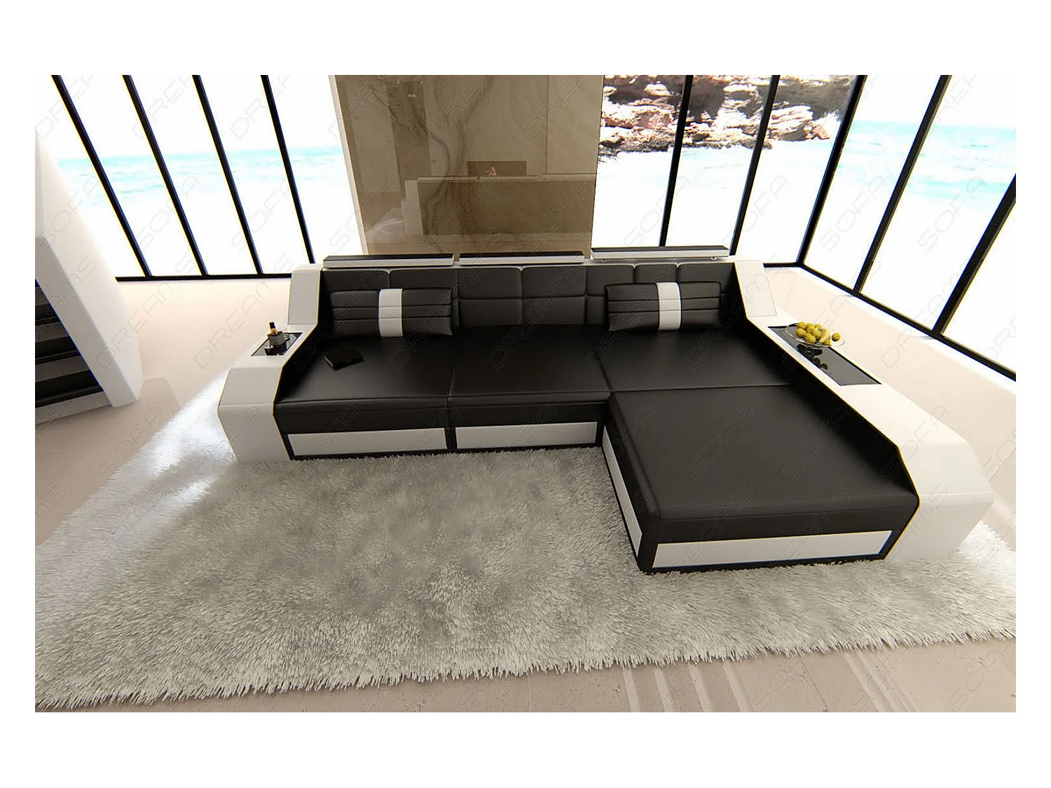 Ecksofa Arezzo Leder Ledermix Schwarz Weiß Rechts