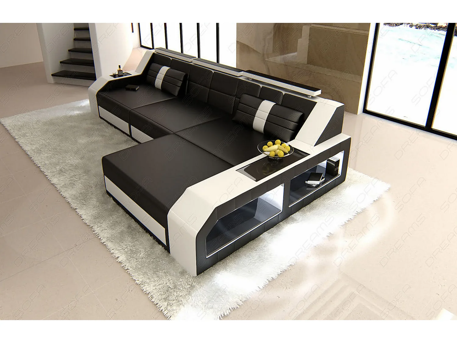 Ecksofa Arezzo Leder Ledermix Schwarz Weiß Rechts