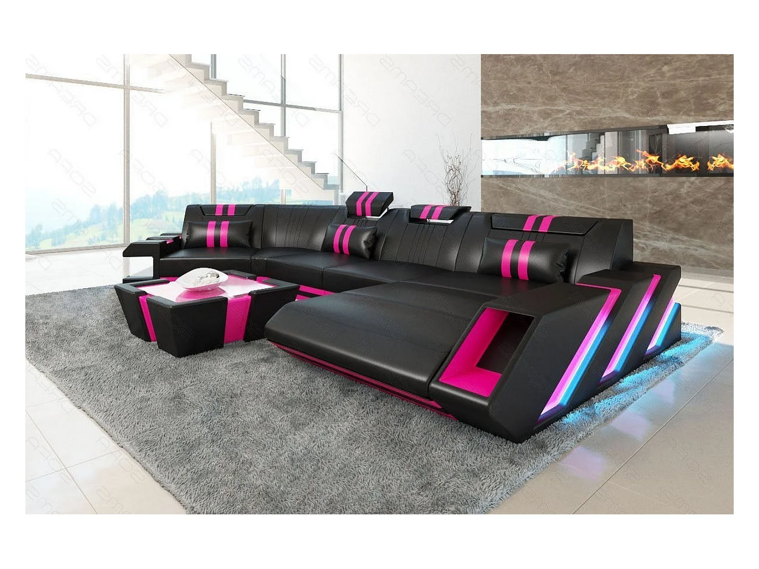 Ledersofa Apollonia C Form Ledermix Echt/Kunstleder Schwarz Pink Rechts